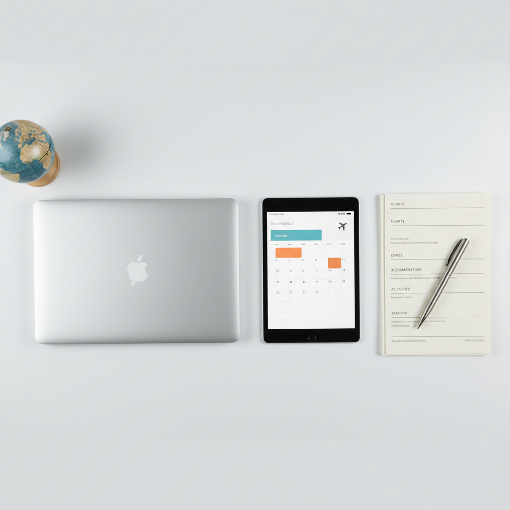 An elegant flat-lay composition of carefully arranged travel planning elements on a matte white desk: a closed silver laptop, a slim grey tablet showing a stylized booking calendar, a modern brushed-steel pen, and printed, neatly stacked travel itineraries with clean typography. Nearby, a small globe with muted blue and beige tones adds subtle color. The lighting is cool, even natural light from above, eliminating harsh shadows and highlighting the textures of paper and metal. The mood is calm, efficient, and corporate, with photographic realism and a minimalist aesthetic. The image is shot from a bird’s-eye view, perfectly aligned, with strong, clean lines and balanced spacing to suggest precision and professional travel management.