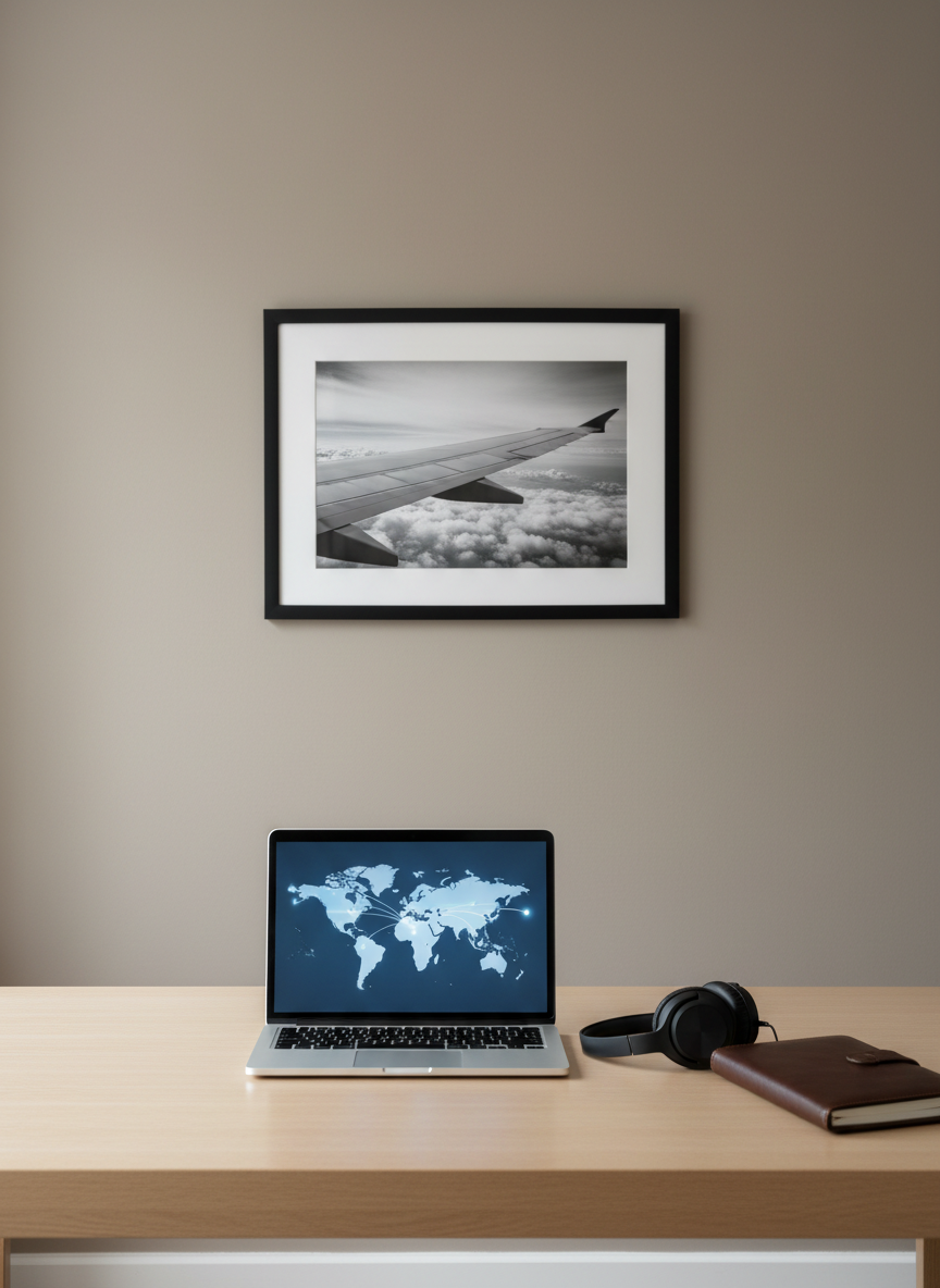 A sleek, modern travel agent workspace without any people, featuring an open laptop displaying a minimalist world map interface, a closed leather-bound planner, and a pair of noise-cancelling headphones resting beside it. The desk is a smooth light oak surface with clean edges, set against a neutral taupe wall with a single framed black-and-white photograph of an airplane wing in the distance. Soft, diffused daylight enters from an unseen window, casting subtle shadows and gentle reflections on the laptop screen. Photographic realism with a corporate, structured composition, shot at eye level with a shallow depth of field that keeps the desk in crisp focus while the background fades into a soft, unobtrusive blur, creating a professional and organized mood.