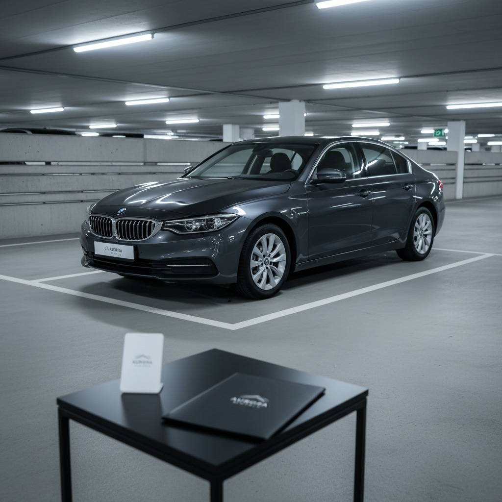 A sophisticated car rental concept scene in a contemporary parking garage, showing the front three-quarter view of a clean, mid-size dark grey sedan with subtle reflections on its polished surface. No driver or passengers are visible; the car is parked within a clearly marked space with sharp white lines on smooth concrete. In the foreground on a slim black pedestal rests a keycard and a minimalist contract folder, both branded discreetly. Cool, diffused artificial lighting from overhead panels casts controlled, even highlights and soft shadows, reinforcing a corporate look. Photographic realism, shot from a low, slightly angled perspective, creates a sense of reliability and order. The composition is balanced, with strong horizontal and vertical lines giving a structured, professional impression of vehicle rental services.