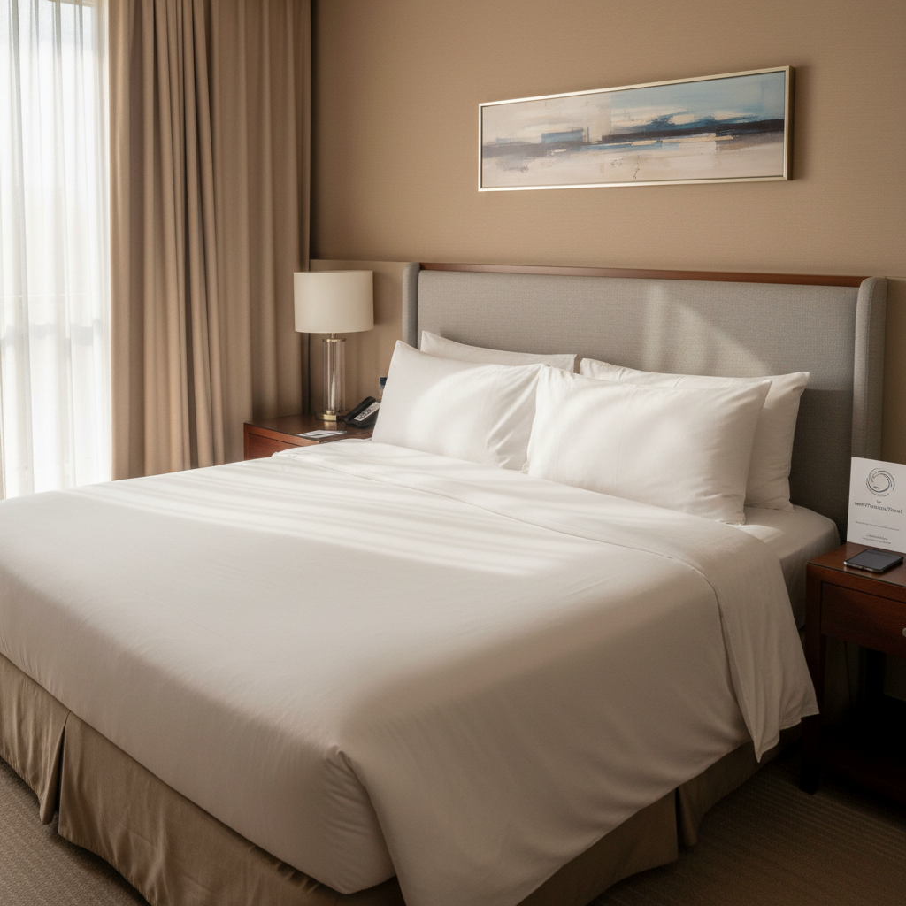 A refined hotel booking scene featuring a neatly made king-size bed with crisp white linens and a light grey upholstered headboard, viewed from the foot of the bed. On a dark wood bedside table sits a modern smartphone and a slim printed confirmation voucher with a subtle InnerFixWorldTravel logo. The room has neutral beige walls, a simple abstract artwork in muted tones, and floor-to-ceiling curtains partially open to reveal soft afternoon light filtering in. The illumination creates gentle gradients on the fabrics and a calm, structured atmosphere. Shot at a slightly elevated angle in photographic realism, the composition uses the rule of thirds, with the bed centered and the table offset, emphasizing clarity, order, and the reliability of professional accommodation booking services.