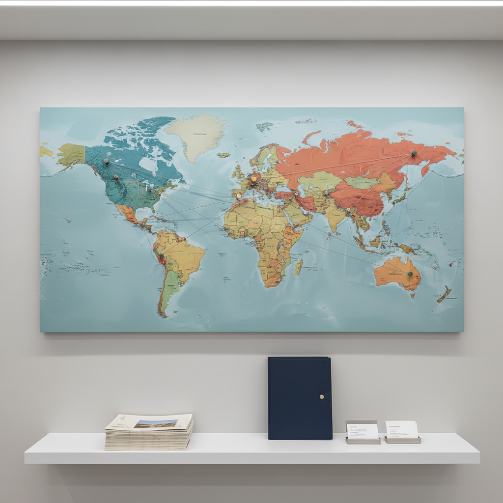 A clean, organized travel circuit planning board mounted on a light grey office wall, covered with a large, high-detail world map in soft blues and neutral earth tones. Thin, straight metallic lines connect several key destinations, each marked by small, uniform pins in muted colors. Below the map, a narrow white shelf displays neatly stacked brochures, a closed navy-blue folder, and a minimalist metal cardholder. Indirect ceiling lighting washes the wall with even, neutral light, creating a shadowless, controlled ambiance. Captured straight-on in photographic realism, the composition emphasizes symmetry and clean geometry, evoking strategic planning and expertise in organizing multi-destination circuits. The mood is analytical, professional, and quietly inspiring, suited for a corporate travel agent brand.
